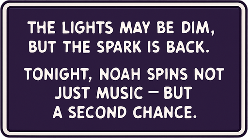 A rectangular comic-style narrator box placed near the bottom of a vertical panel (2048x2732). Dark purple background with rounded corners, white border. Inside, centered white text in clean comic font reads:
"The lights may be dim, but the spark is back. Tonight, Noah spins not just music — but a second chance.".
In-Game asset.  2d.  High contrast.  No shadows