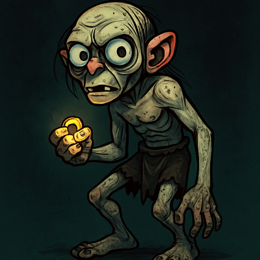 A full-body stylized illustration of Smeagol (Gollum), showing his thin, hunched frame and large expressive eyes. He is barefoot and shirtless, wearing ragged shorts, with exaggerated cartoonish features that highlight his creepy yet pitiful nature. He clutches a glowing precious ring tightly in one hand. The art style is dark fantasy with vibrant colors, detailed skin textures, and a shadowy, mysterious background to enhance the eerie atmosphere. Perfect for full-character concept art or game design..
In-Game asset.  2d.  High contrast.  No shadows