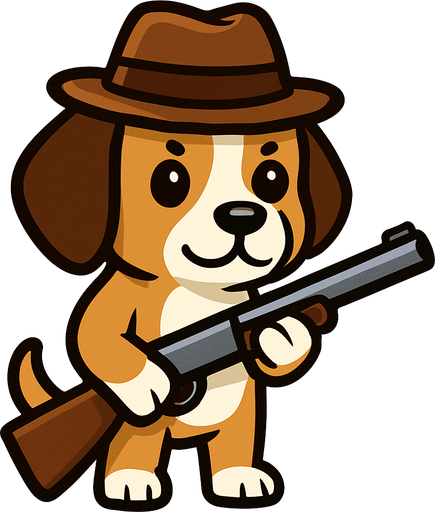 a dog cute dog with a hat and a shotgun.
In-Game asset.  2d.  High contrast.  No shadows