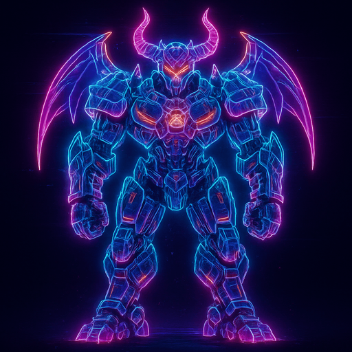 Neon cyberpunk 3d hologram corporate occult demon android mecha robot sentinel guard soldier machine monster fully in frame no part cut off no background anime futuristic