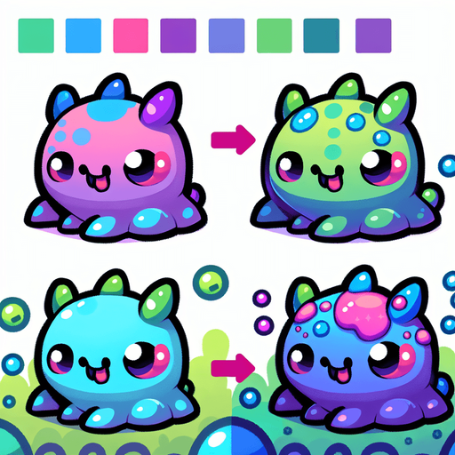 tatlış yaratık mavi yeşil mor pembe renklerinde.
Single Game Texture.  In-Game asset.  2d.  Blank background.  High contrast.  No shadows