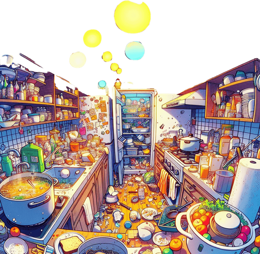 dağınık bir mutfak, odanın içinden görünüm. 3d renkli anime, çizgi film
