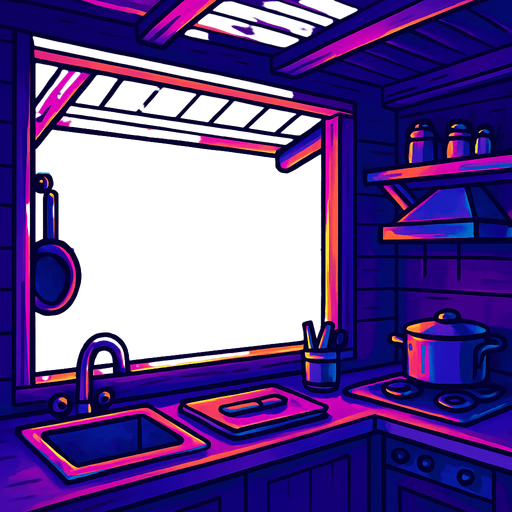 Inside the kitchen of a small wooden shack restaurant, looking out over the counter onto a beach view with long gradual gradients. No people inside or on the beach.