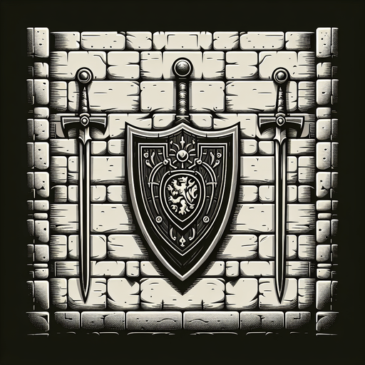 brick wall with shield and swords hanging in the middle of it..
Single Game Texture.  In-Game asset.  2d.  Blank background.  High contrast.  No shadows