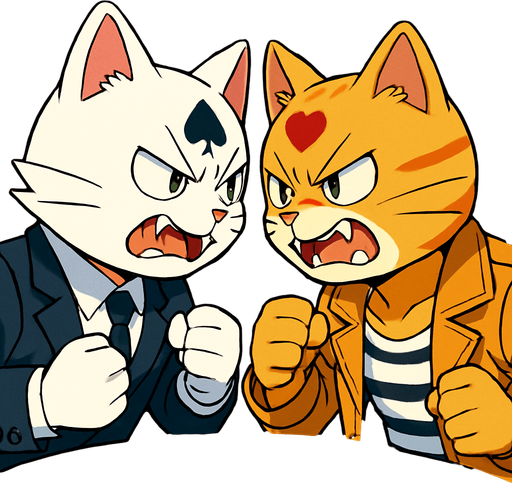 A 2:3 ratio rectangular picture that shows two card playing cats in a casino very close face to face with teeth bared and fists clenched as if they’re about to fight. Each cat has a different card suit pattern on the fur of their forehead. One is wearing a suit and the other is wearing tan leather jacket with a striped tank top underneath. Anime style..
In-Game asset.  2d.  High contrast.  No shadows