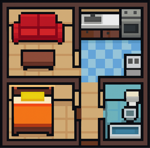 Apartment tile 2d pixilated topdown.
In-Game asset.  2d.  High contrast.  No shadows