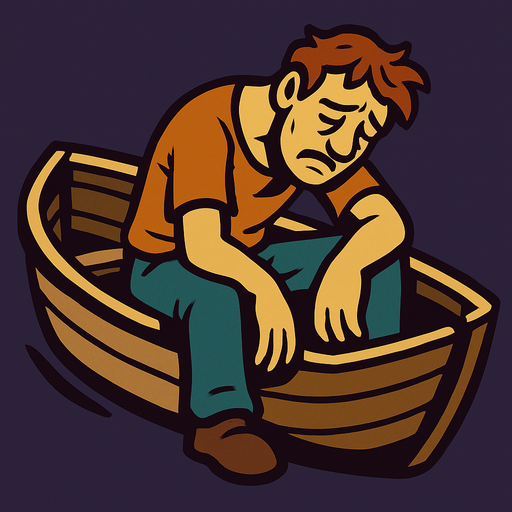 a boat and an exhausted man in it.
In-Game asset.  2d.  High contrast.  No shadows