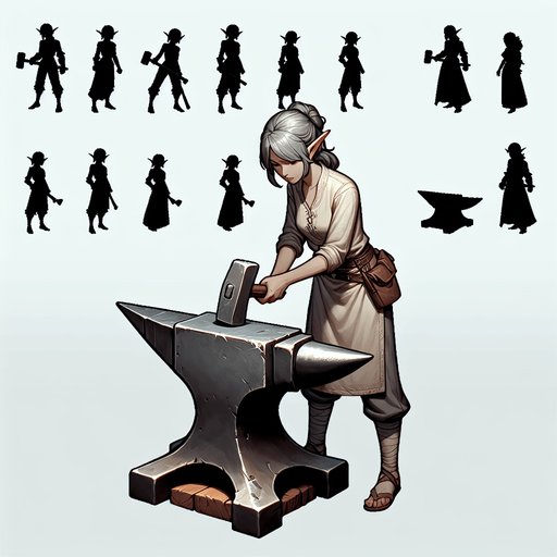 Девушка эльфийка кузнец у наковальни.
Single Game Texture. In-Game asset. 2d. Blank background. High contrast. No shadows.