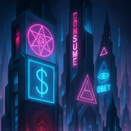 Neon cyberpunk skyscraper occult corporate logos-mixed with dark esoteric sigils capitalist subliminal commands 3d holograms billboards projections brutalist sleek architecture futuristic architecture multidimensional towering city spires glowing