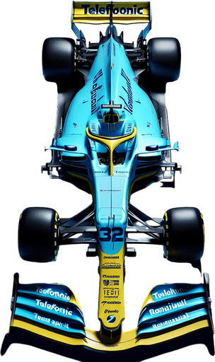 Photorealistic Renault F1 race car, top view. Bright skyblue body. Banana Yellow nose with blue sidelines.
Royalblue Front and Rear wing. Neon-yellow ,,Telefonicai" text on rearwing. 
White ,,TEAM SPIRIT" text on nose. Blue ,,RENAIULT" text on body.