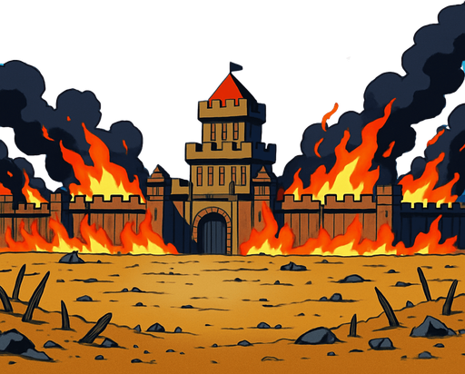 plain battlefield of defense burning medieval fortres at bottom anime image style. blue sky at upper. far distance a mountain
In-Game asset.  2d.  High contrast.  No shadows