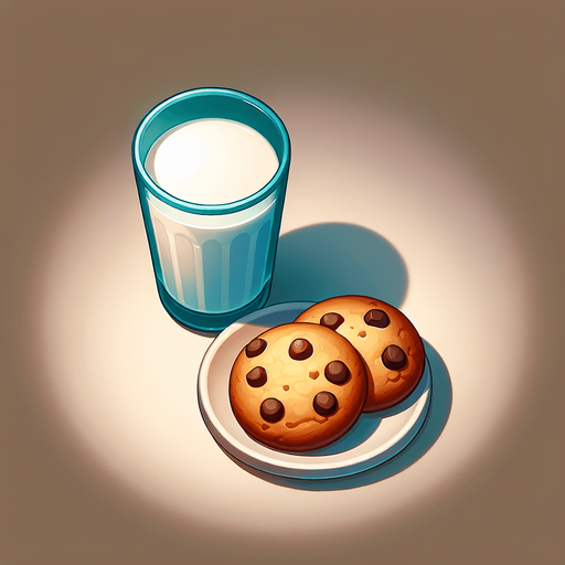 top down plate of cookies glass of milk. In-Game asset. Blank background. No shadows. Single Game Texture. In-Game asset. 2d. Blank background. High contrast. No shadows.