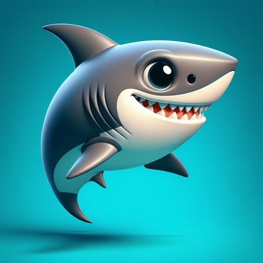 A cartoon shark swimming side profile..
Single Game Texture.  In-Game asset.  2d.  Blank background.  High contrast.  No shadows