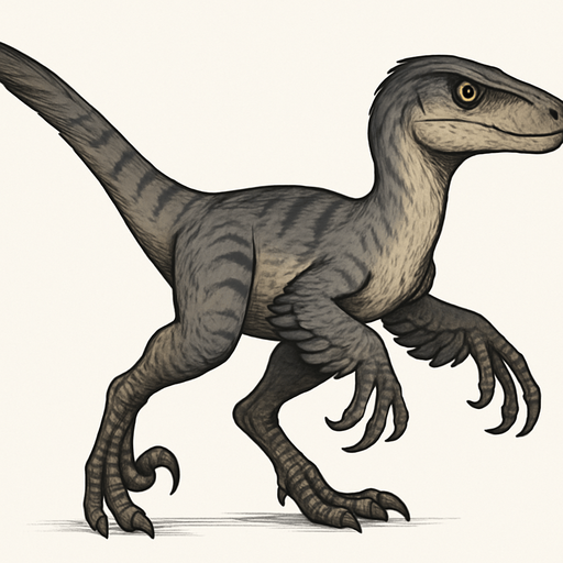 A small and agile Velociraptor dinosaur covered in smooth, sleek feathers in muted tones of gray and tan, with darker stripes along its back. The arms have wing-like feathers, and the long tail is fully feathered for balance. Its narrow head features a slightly curved snout, sharp teeth, and intelligent, bright eyes. The feet have curved sickle-shaped claws, emphasizing its speed and deadly precision. Real style.
In-Game asset.  2d.  High contrast.  No shadows