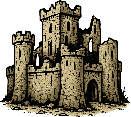 bunu yıpranmış orta çağ şatosuyla değiştir.
In-Game asset.  2d.  High contrast.  No shadows