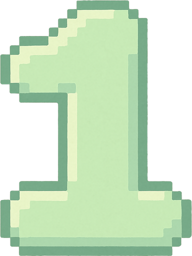 A pixel art number "1" designed for a cozy, cute retro 2D game UI with a bird theme. The number is rendered in soft pastel light green tones to harmonize with the gentle and sweet aesthetic of the game. It has a clean, simple, and rounded pixel style with no harsh edges, fitting perfectly within the pixel art UI style. The number is bold and easily readable at small sizes..
In-Game asset.  2d.  High contrast.  No shadows. pixel art. retro. 2d ui. number. pastel light green. simple. rounded edges. bold. cute. minimal