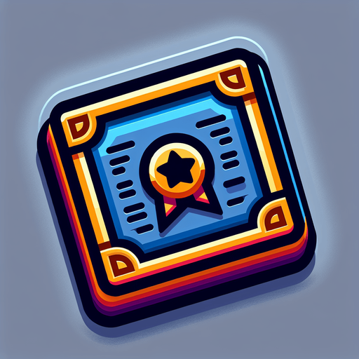 A colorfull horizontal rectangle shaped simple stock certificate icon with a badge and in perspective.
Single Game Texture. In-Game asset. 2d. Blank background. High contrast. No shadows.
