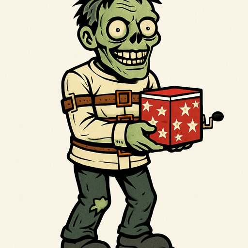 Zombi a cuerpo completo de piel verdosa y pálida, con cabello desordenado y ojos saltones, viste una camisa de fuerza con correas de cuero alrededor de sus brazos y torso. sostiene una caja de sorpresas roja y blanca con estrellas, que tiene una manivela en un lado. Su expresión es de una sonrisa macabra.
In-Game asset.  2d.  High contrast.  No shadows