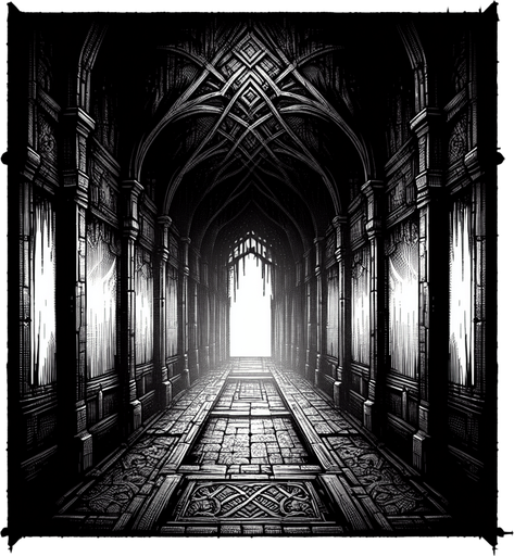 Make a dark scary hallway.
Single Game Texture.  In-Game asset.  2d.  Blank background.  High contrast.  No shadows