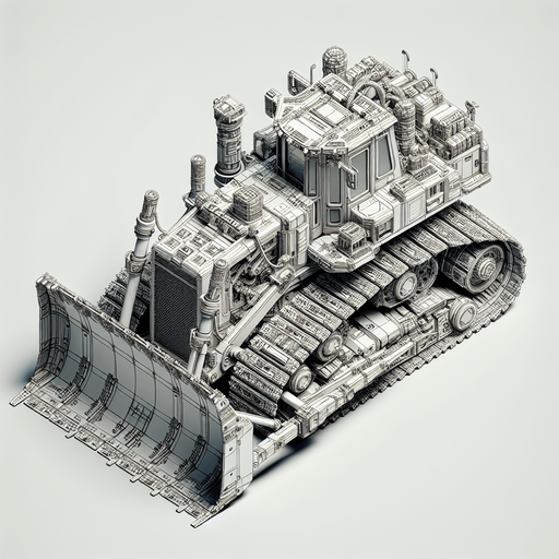 A bulldozer seen from stricly from the top..
Single Game Texture. In-Game asset. 2d. Blank background. High contrast. No shadows.