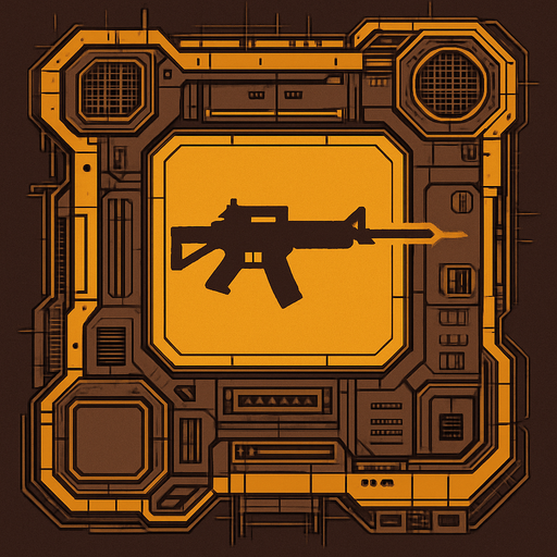 2D Top floor of complicated tower facing the screen to use it as a grid. future. Cyberpunk. abstract. seen from above. HD colors. Yellow & brown colors. No Diagonal assets. Big logo of a Rifle firing on the middle of it.