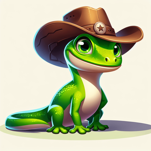 cartoon gecko with a cowboy hat.
Single Game Texture. In-Game asset. 2d. Blank background. High contrast. No shadows.