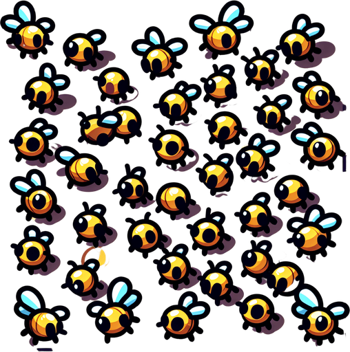 A sprite sheet of bees flying. Birds Eye view. No wings. Bold cartoon graphics. Looking down on bee
Single Game Texture. In-Game asset. 2d. Blank background. High contrast. No shadows.
