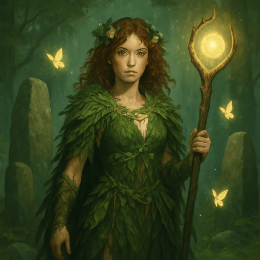 A forest druidess cloaked in green vines, leaves, and bark-woven garments, standing among ancient stone circles. Female, 28 years old, slender and fierce, auburn curly hair with forest flowers woven in, moss-green eyes, and freckled sun-kissed skin. A glowing staff carved from elderwood is in her hand, and glowing butterflies swirl around her. Realistic, highly detailed, enchanted forest atmosphere. realistic.
In-Game asset.  2d.  High contrast.  No shadows