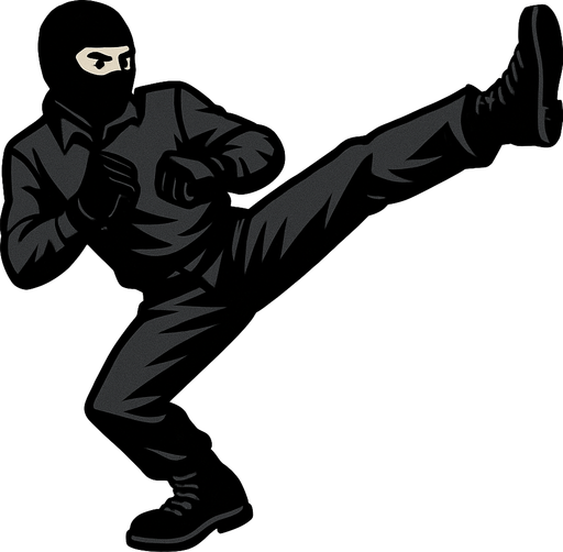 hombre con camisa negra de manga larga, pantalones negros, botas negras y guantes negros y un pasamontañas negro dando una patada de artes marciales
In-Game asset.  2d.  High contrast.  No shadows