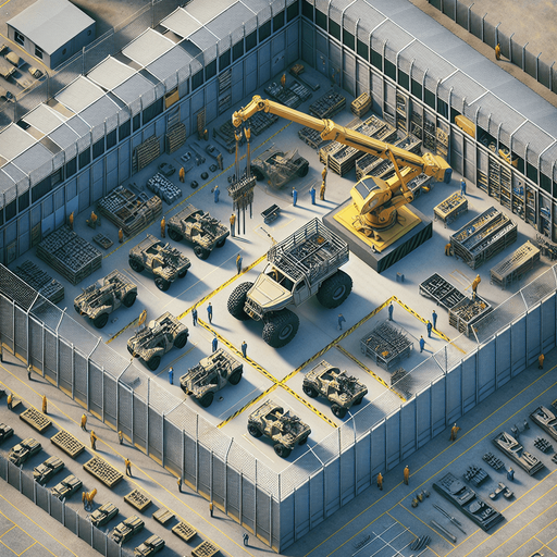 Simple light army vehicule factory buiding a quad with a crane. Square fence..
Zenith view Directly overhead. Plumb view.