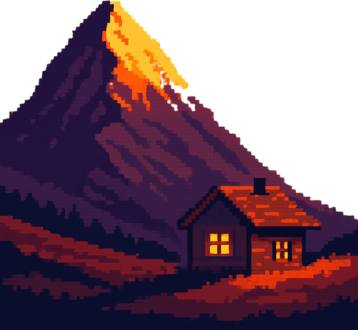 Montaña con casa en atardecer, pixelart.
In-Game asset.  2d.  High contrast.  No shadows