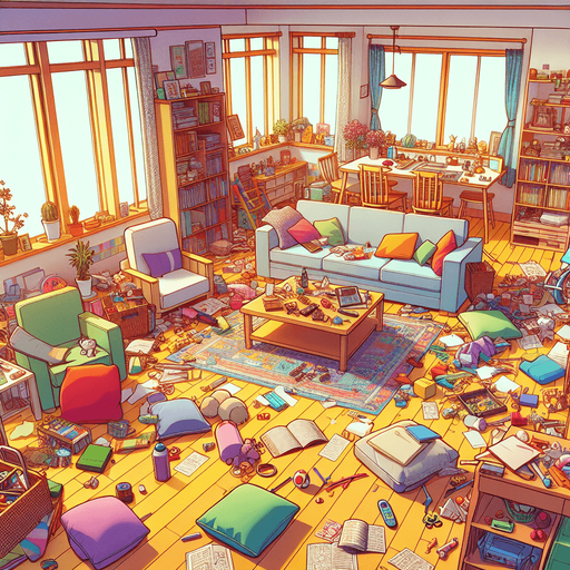 dağınık bir oturma odası, odanın içinden görünüm. 3d renkli anime, çizgi film
