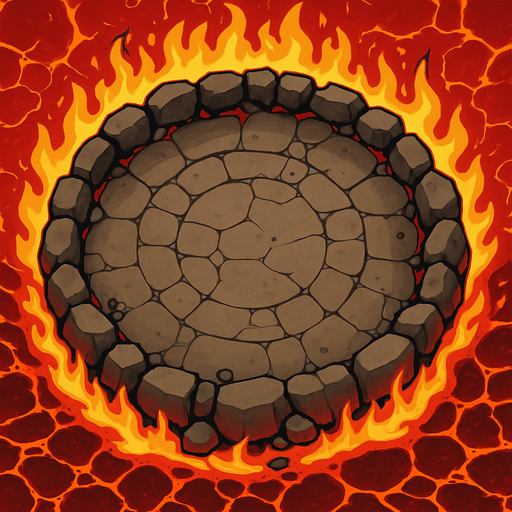 bird's eye view of a round rocky arena surrounded by flames decorated with red lava.
In-Game asset.  2d.  High contrast.  No shadows