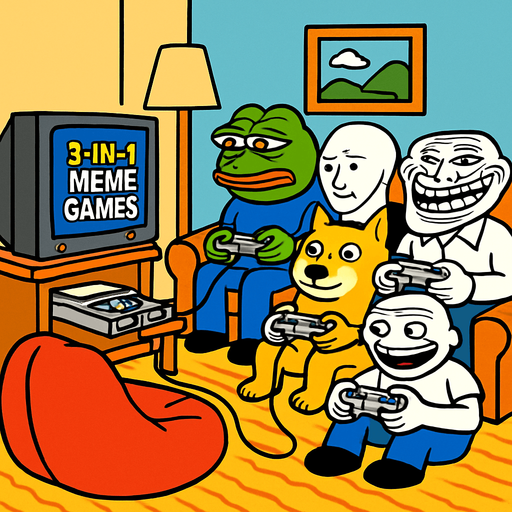 a ’90s-retro living room: bean-bag, Super Nintendo wired to the tube TV, “3-in-1 Meme Games” written  on-screen, while a mix of meme characters crash the couch mashing SNES controllers wired to the super nintendo.
In-Game asset.  2d.  High contrast.  No shadows