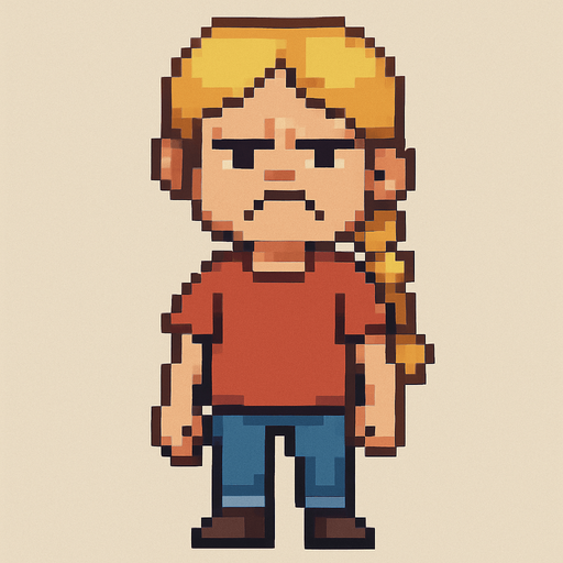 bad regular frown casual girl kid blonde hair braided full body 2d pixel art.
In-Game asset.  2d.  High contrast.  No shadows