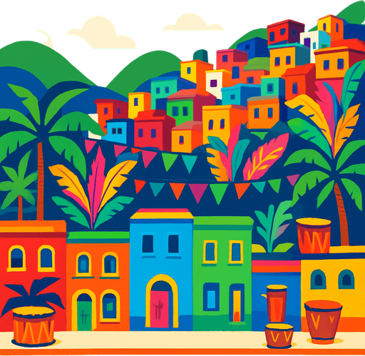 A Rio-style cityscape with colorful houses, palm trees, and carnival decorations. Bright and fun atmosphere for samba drums..
In-Game asset.  2d.  High contrast.  No shadows
