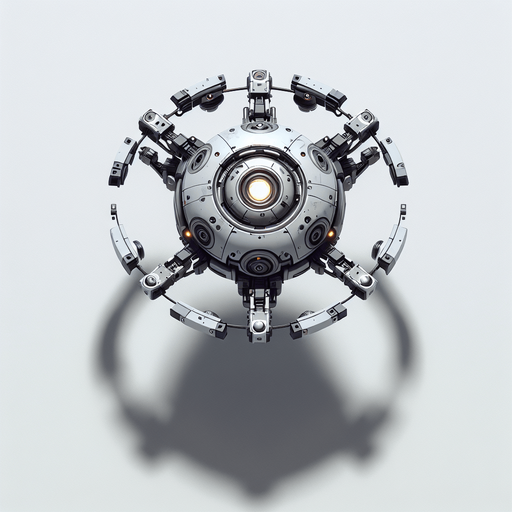 Top-down view of a floating mechanical robot with a circular body. Thin, robotic arms extend outward, metallic and glowing. The head is small with glowing eyes. Strictly top-down view, no perspective or angle. Clean and detailed for 2D gameplay.
Single Game Texture. In-Game asset. Top-down view. No shadows. 2D style. High contrast. Blank background.