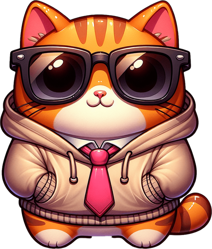 The feminine character is depicted as a cartoon-style, orange tabby cat with noticeable stripes. It features a round face, shielded by oversized, round, dark opaque sunglasses, and a physique that's charmingly smaller than its head, creating a cute, chubby look. This cat is casually dressed in a simple, light-colored hoodie with a drawstring. Unique to this character, however, is a whimsical twist—a pink tie is playfully worn on its head like a hat, adding a quirky and endearing element to its appearance. Positioned comfortably with its paws in front, the cat maintains a relaxed posture. The overall style is engagingly playful and whimsical, perfectly suited for a casual mascot or a protagonist in a children's book. The pink tie, worn in such an unconventional manner, subtly emphasizes the cat's creative and fun-loving nature, making it even more captivating and endearing..
Single Game Texture. In-Game asset. 2d. Blank background. High contrast. No shadows.