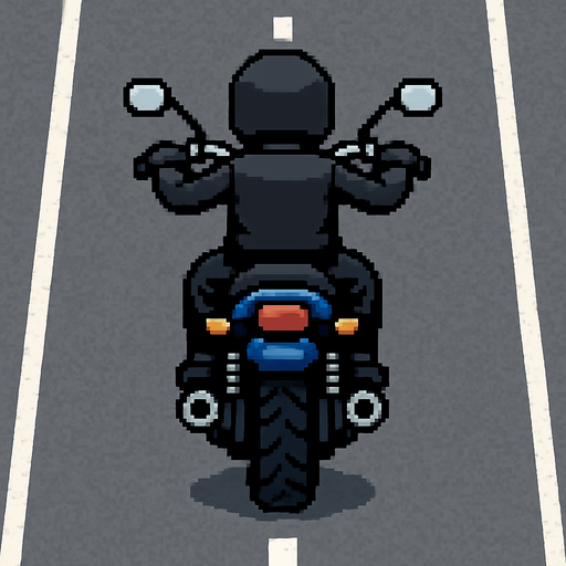 Create a 2D motorcycle sprite viewed from behind, positioned to ride on the road..
In-Game asset.  2d.  High contrast.  No shadows