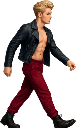Same pose profile view walking animation, shiny black leather biker jacket longsleeves shirtless Skinny abs blonde pompadour guy, wine red joggers combat boots, Background removed, "Full-body character, entirely in frame, no cropping of face, head, or feet" "Complete character visible, from head to toe, fully centered in the image" "Entire character, including face and boots, fully within the frame" Character fully contained within a square frame, no edges cut off fashion model idle pose