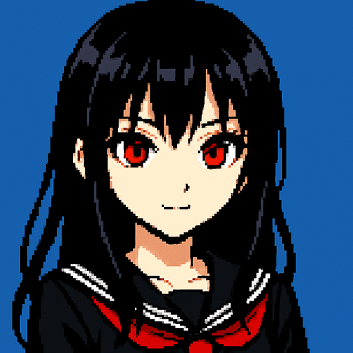 Beautiful anime-style girl with black hair and red eyes. Game image. 2D. High contrast. No shadows. Pixel art..
In-Game asset.  2d.  High contrast.  No shadows