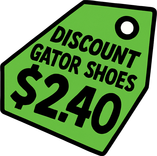 Green pricetag that says discount gator shoes $2.40.
In-Game asset.  2d.  High contrast.  No shadows