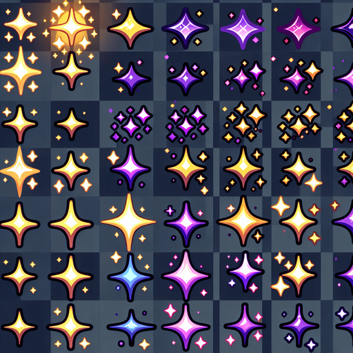 A sprite sheet of different color sparkles. Include gold and purple color.
Single Game Texture. In-Game asset. 2d. Blank background. High contrast. No shadows.