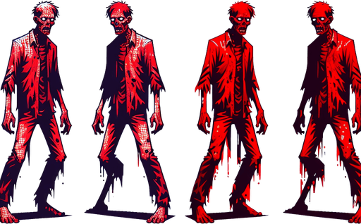make a red animation style zombie but not realistic.
Single Game Texture. In-Game asset. 2d. Blank background. High contrast. No shadows.