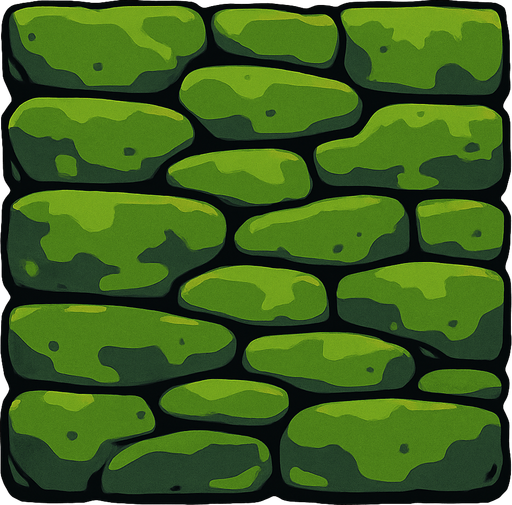 a wall built with flat, mossy stones.
In-Game asset.  2d.  High contrast.  No shadows