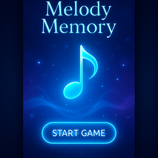 A vertical 9:16 mobile game start screen for a music-themed game called "Melody Memory". A glowing blue melody symbol floats in the center, with dreamy blue and purple gradient background. Soft abstract sound waves and light particles surround the symbol. At the top, stylish title text "Melody Memory" in elegant font. In the center, a prominent "Start Game" button with a glowing, rounded design. At the bottom, soft hint text saying "Tap to Start". Futuristic, minimalistic, high contrast, cinematic lighting, 4K, high quality, mobile UI friendly..
In-Game asset.  2d.  High contrast.  No shadows