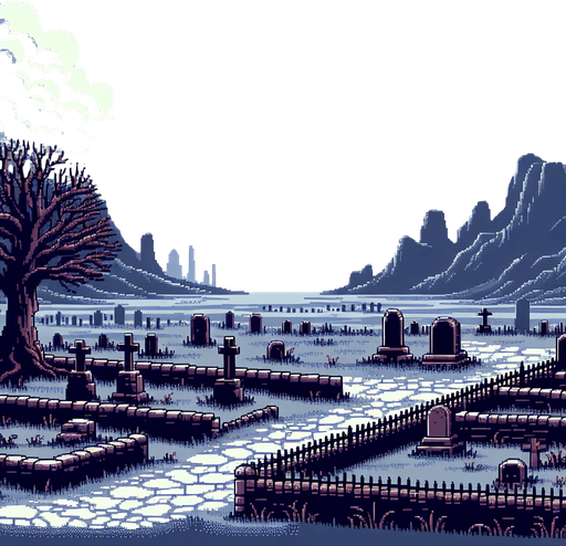 A pixel art large background in a Super Nintendo, Super Castlevania style with an open world like cemetery, 3/4 viewpoint
 
Single Game Texture. In-Game asset. 2d. Blank background. High contrast. No shadows.