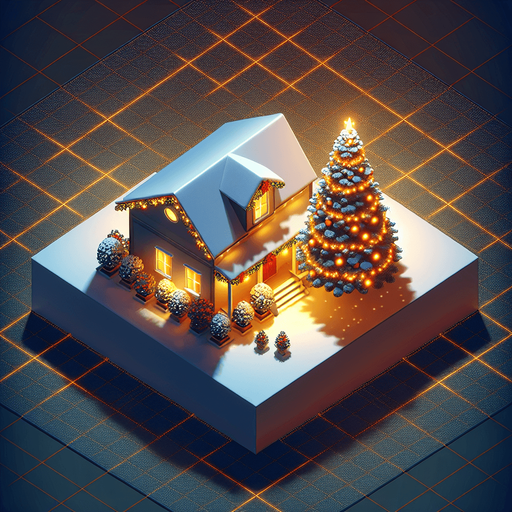 overhead view of simple box house christmas decorations giant christmas tree out front video game asset 2d blank background Single Game Texture. In-Game asset. 2d. Blank background. High contrast. No shadows.
