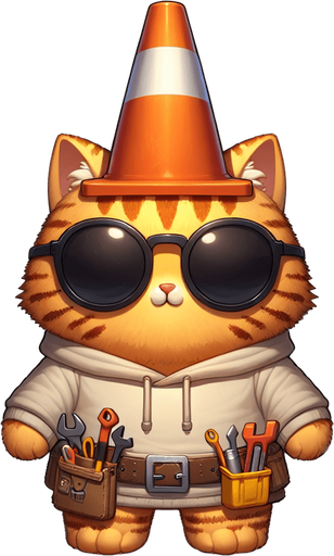 The character in the image is a cartoon-style, orange tabby cat with distinctive stripes. It sports a round face behind oversized, round circular, dark opaque sunglasses and has a notably small body compared to its head, enhancing its cute, chubby look. This cat is uniquely attired in a simple, light-colored hoodie with a drawstring, and atop its head sits a whimsical traffic cone, repurposed as a hat. Around its waist, a toolbelt is visible, equipped with various cartoon tools, suggesting a readiness for any construction task. Positioned with its paws in front, the cat maintains a relaxed posture, exuding a playful and whimsical vibe. This setup presents the cat not just as a casual mascot or a character in a children's book but as a creative introduction to the world of construction and imaginative play..
Single Game Texture. In-Game asset. 2d. Blank background. High contrast. No shadows.