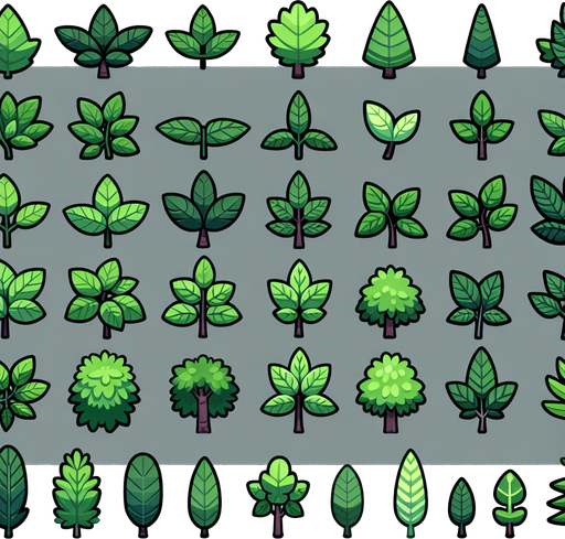 A sprite sheet of different green leaves. Cartoon..
Single Game Texture. In-Game asset. 2d. Blank background. High contrast. No shadows.